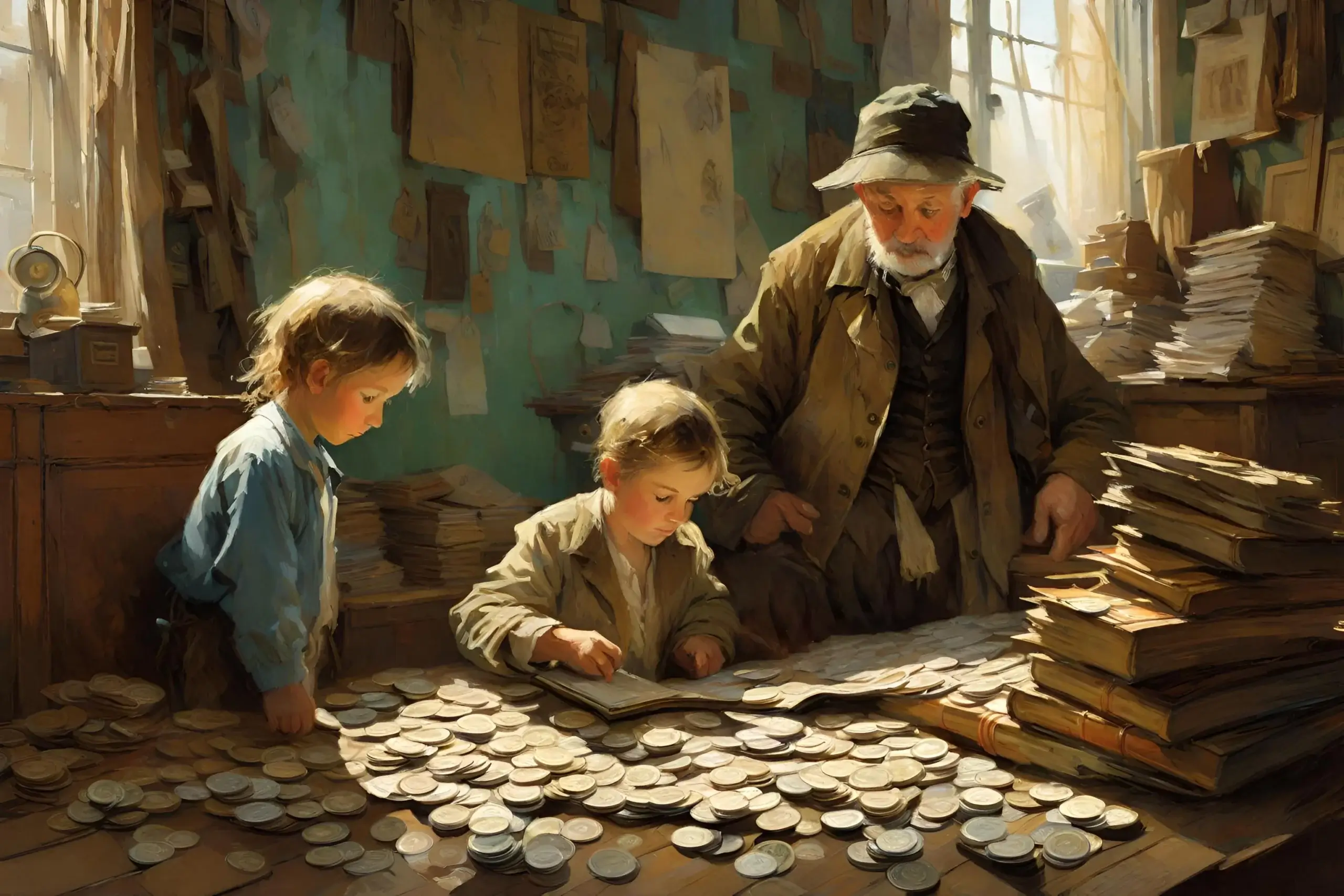 ein Gemälde eines Mannes und zweier Kinder, die Münzen betrachten.
