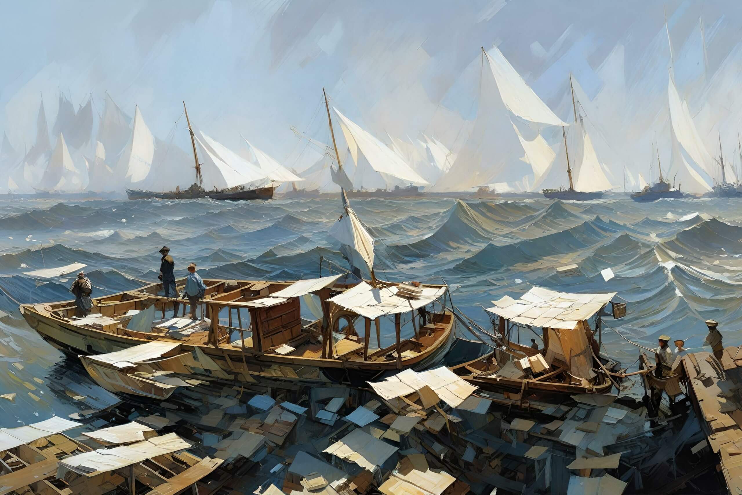 ein Gemälde einer Gruppe von Booten im Meer.