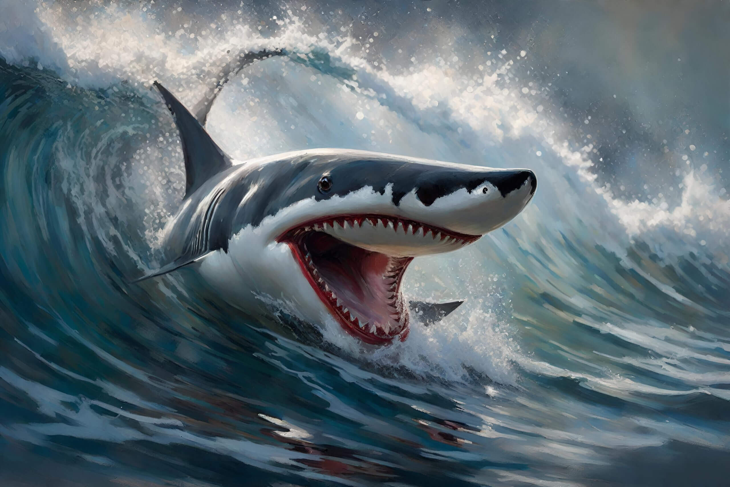 ein Gemälde eines lachenden Hais mit offenem Maul.